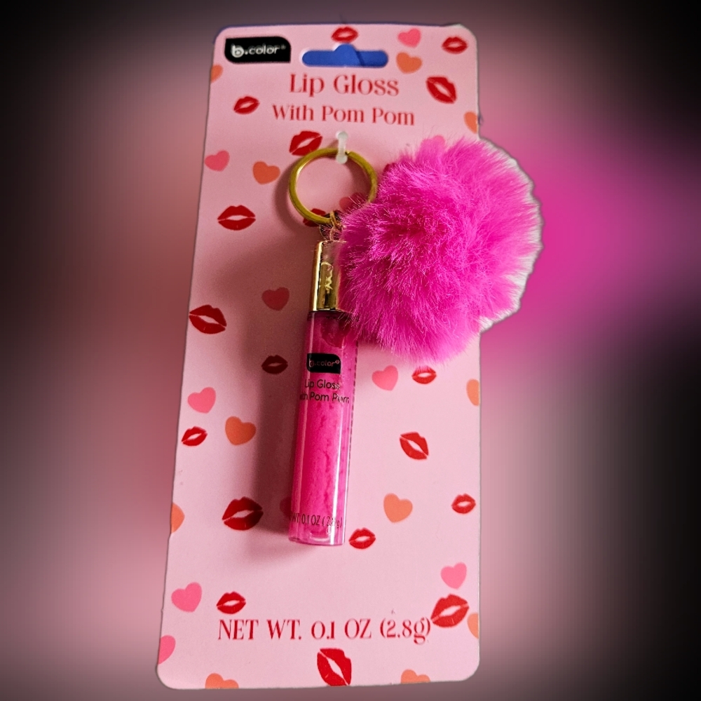 NWT B•PURE Hot Pink Lip Gloss Keychain with Pom Pom!